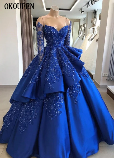 

Satin Royal Blue Quinceanera Dresses 2021 Long Sleeves Off The Shoulder Beaded Layered Ball Gown Exquisite Prom Party Princess