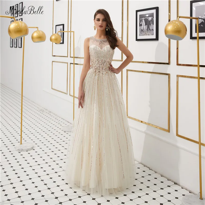 

modabelle Light Champagne Long Prom Dress Vestido Formatura A-line Tulle Crystal Beadings Sequins Evening Dress Robe De Bal