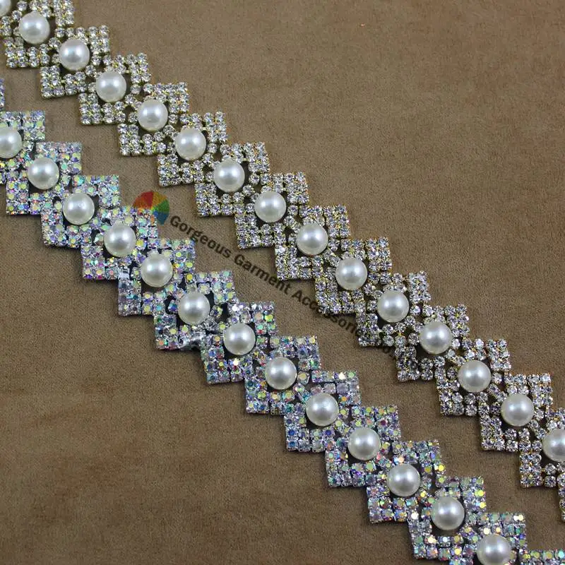 1 Yard 24mm Round Pearl Clear AB Crystal Czech rhinestone cup chain Silver Gold DIY Browband Furniture Wedding Dress Waistband | Дом и сад