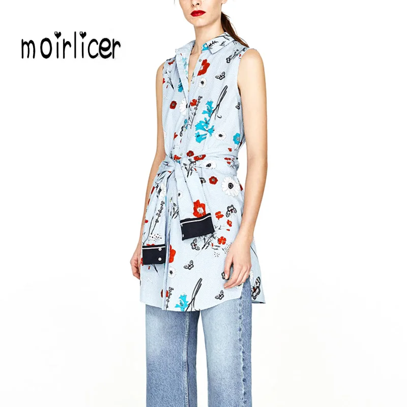 Moirlicer Women sweet butterfly flower print shirt dress sashes sleeveless turn down collar summer ladies casual dresses vestido | Женская