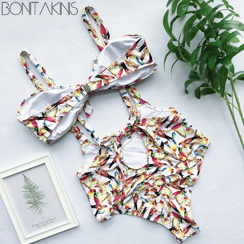 Bonitakinis с фруктовым принтом 2019 бандажные бикини обёрточная грудь купальный костюм
