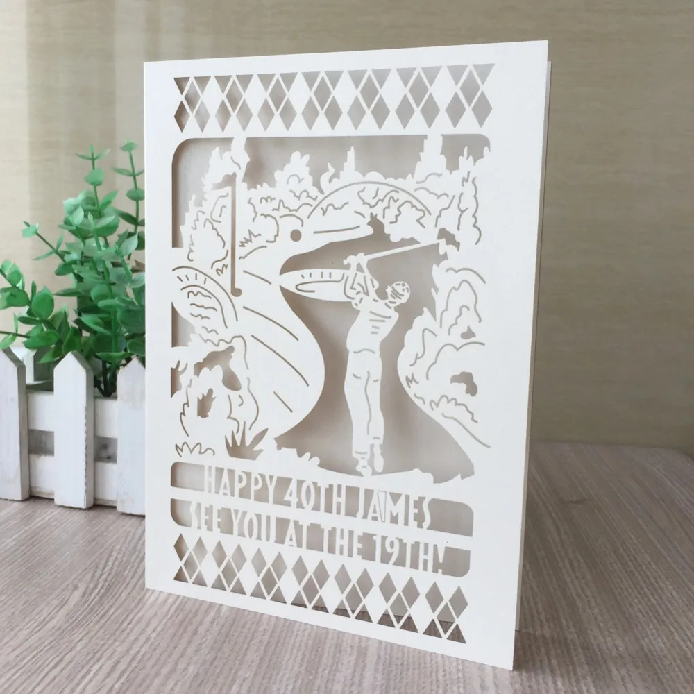 

20Pcs/Lot Elegant Purple Grey Hollow Golf laser Cut Wedding Invitations Birthday Party Anniversary Father Day