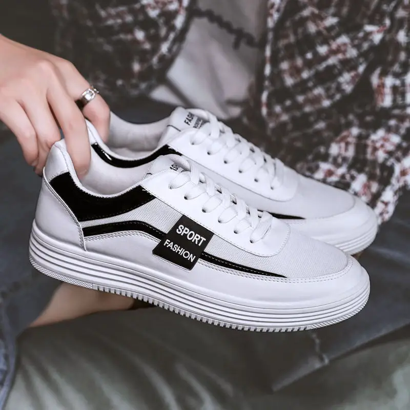 

2020 New Men leather casual shoes Fashion Breathable lace up Sneakers Flats shoes Black white canvas shoes