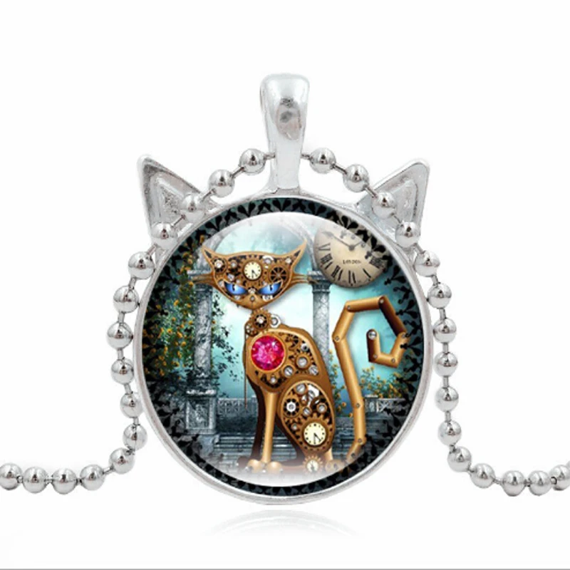 2017 Vintage Jewelry Mechanical Cat Charm Necklace Clock Necklaces &amp Pendants Silver Chain for Women bijoux chat | Украшения и