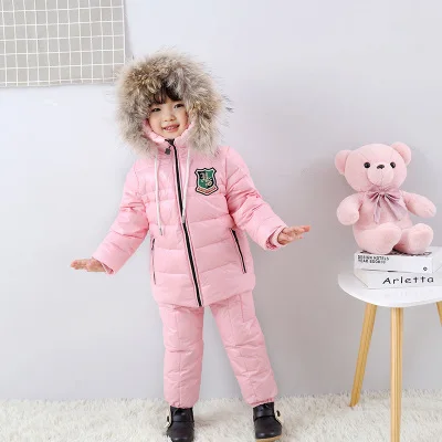 Детская одежда, брендовые зимние куртки для мальчиков 2-8 лет, комплект из двух предметов, теплая меховая верхняя одежда+ штаны, лыжный костюм - Цвет: Розовый