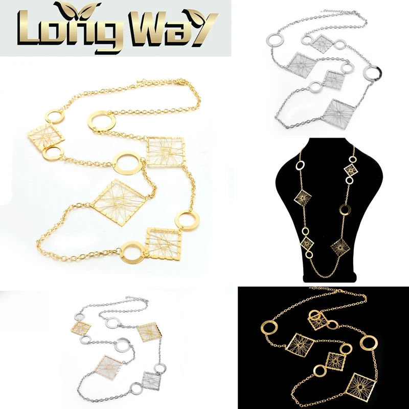 Женское длинное ожерелье-цепочка LongWay золотистого цвета с квадратным кулоном