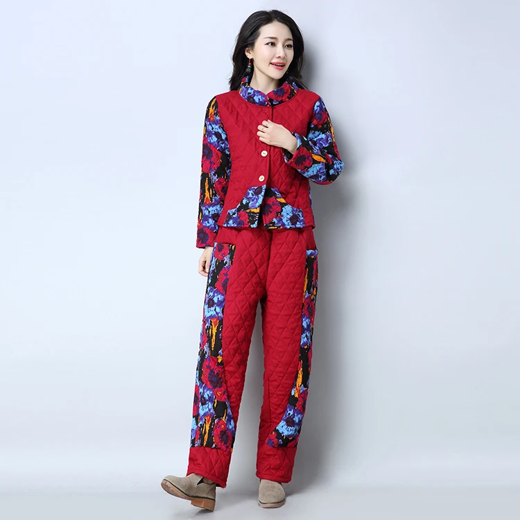 

women casual warm top loose pants floral printed cotton and linen collar trousers two-piece clothing set suit big yards M-XXL