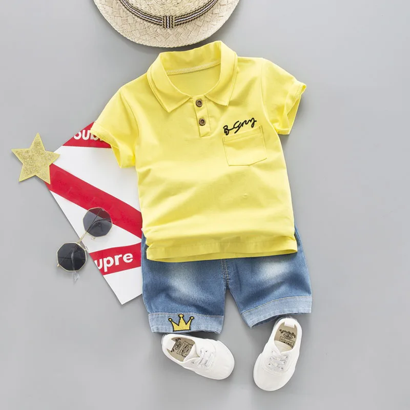 Cotton Toddler Baby Boy Turn-down Collar T-shirt Clothes Sets Summer Crown Jeans Short Children Clothing Costume for Kids Suits |