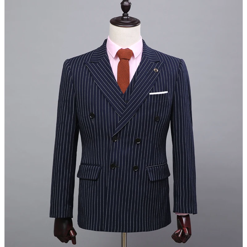 Мужской костюм в белую полоску NA02 голубой с двойной грудью пальто + брюки жилет