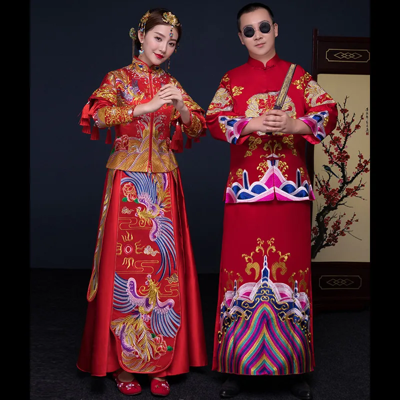 Chinese Traditional Dress Qipao Embroidery Dragon Phoenix Bride Wedding Modern Cheongsam Oriental Dresses Women And Men | Тематическая