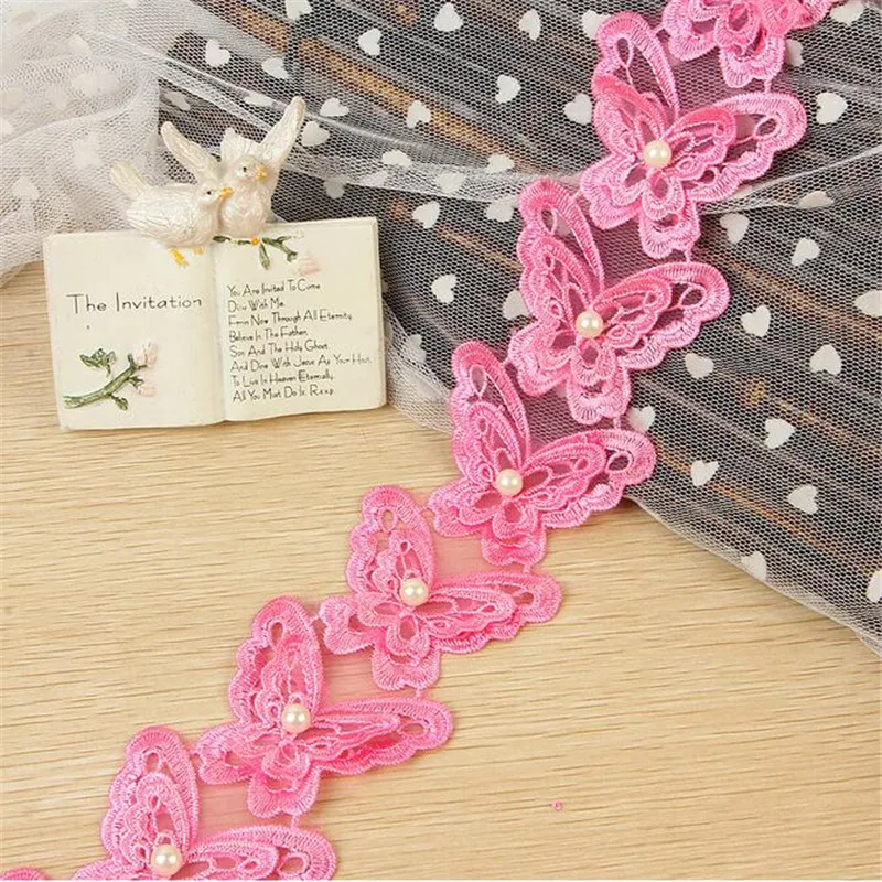 20Yard Beautiful 5Colors 3D Pearl Butterfly Embroidery Lace Applique Flower Sewing Trims DIY Craft 6.5cm LC0079 | Дом и сад