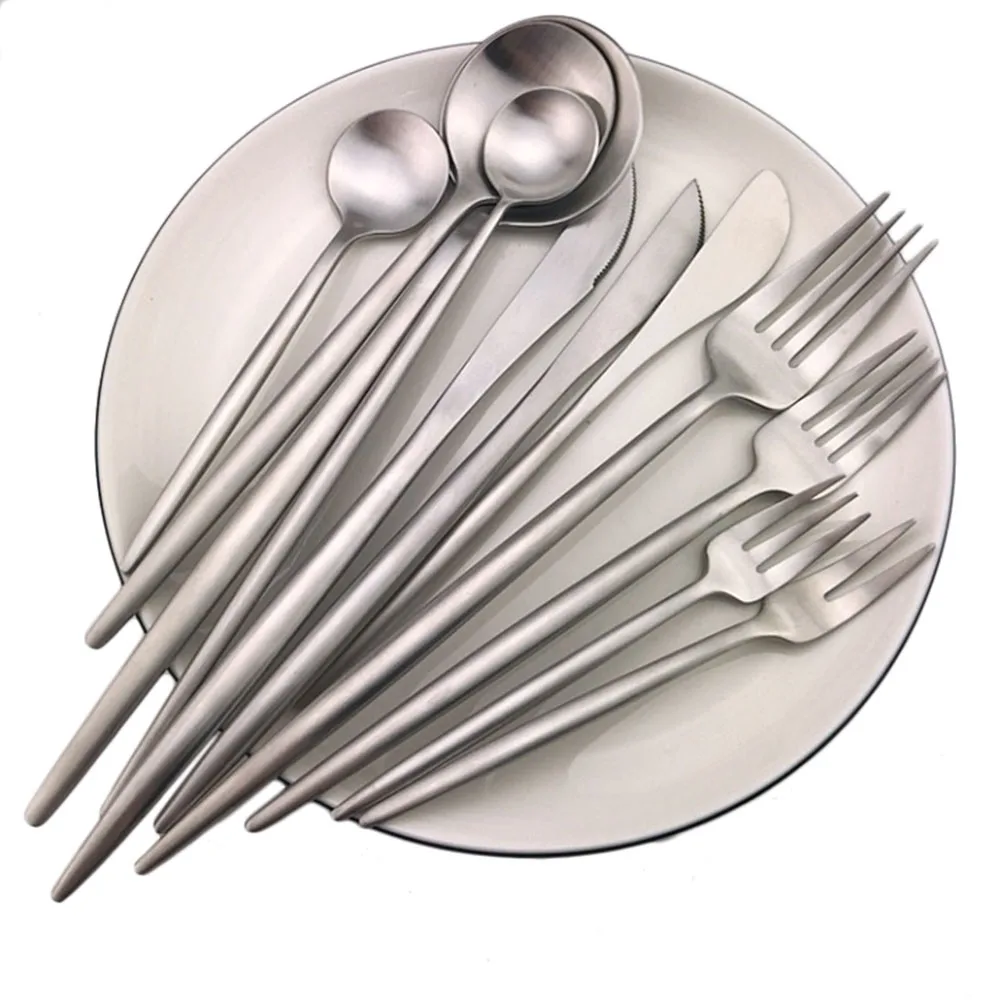 36 Pieces Matte Silver Dinnerware Set Luxury Cutlery Stainless Steel Dinner Knife Cake Fork Long Handle Scoops Tableware | Дом и сад