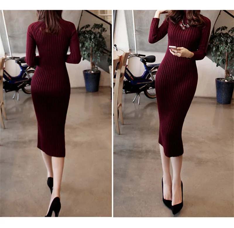 Женское трикотажное платье свитер с высоким воротником и длинным рукавом|dress