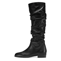 newest black pu leather flats over the knee boots winter women shoes round toe pleated riding boots cool motorcycle boots