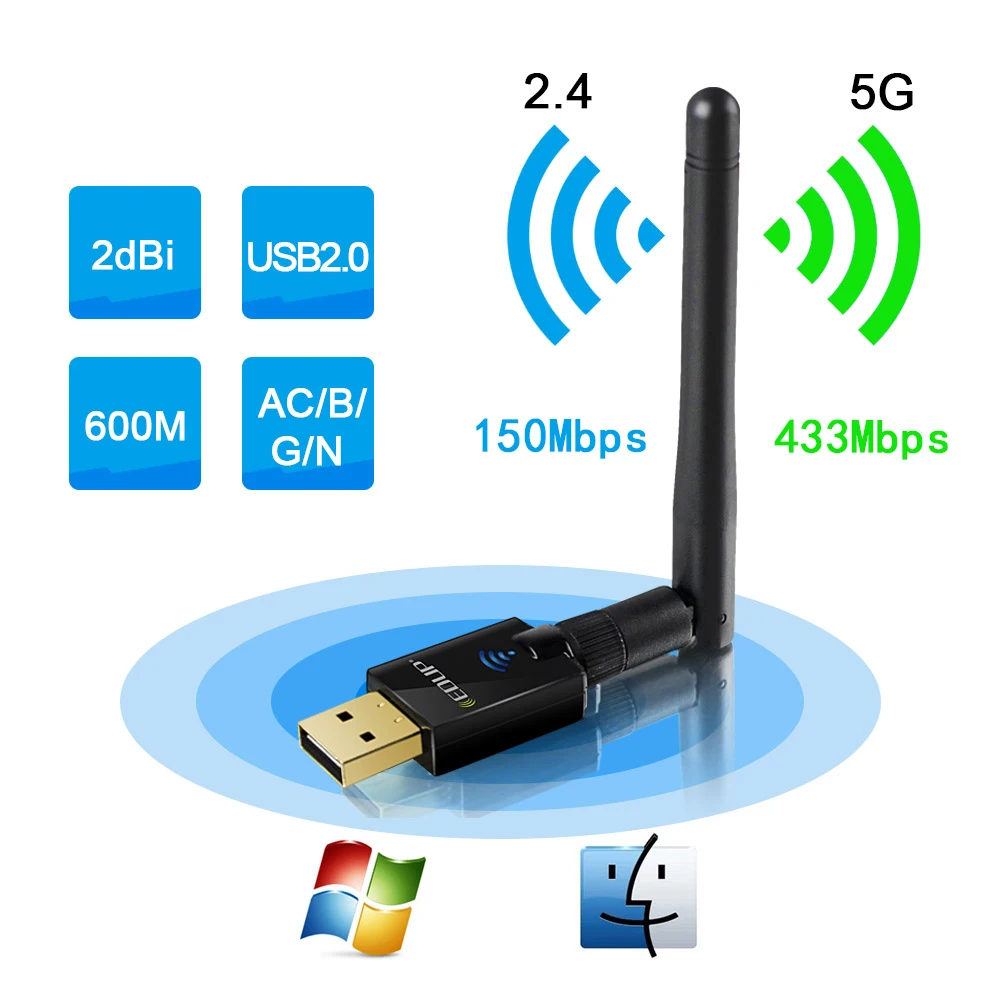 Wi Fi адаптер EDUP 5 ГГц 802.11ac 600 Мбит/с 2 дБи 4/5 ГГц|Сетевые карты| |