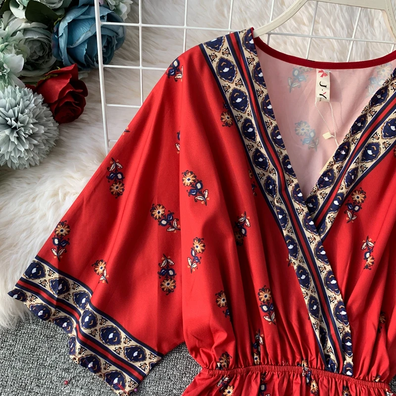 Женское длинное платье с принтом Boho красное Повседневное трапециевидной формы