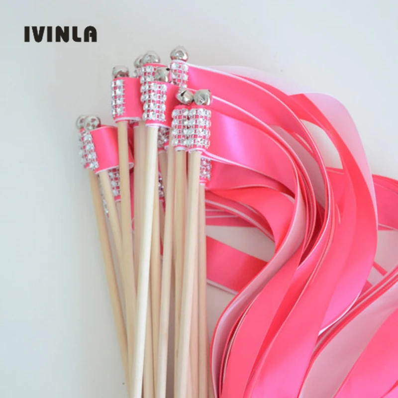 

Hot selling Chic watermelon red +pink Wedding Ribbon Wands party steamers ribbon wands with rhinestones and bells