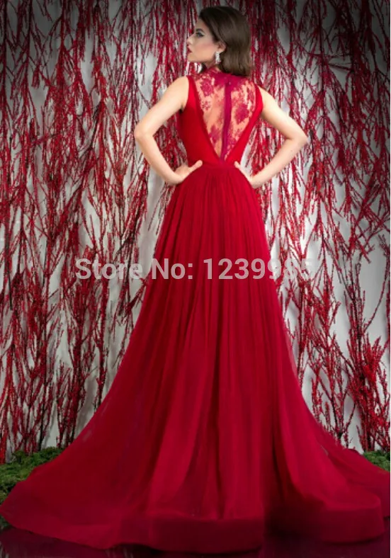 YE033 Sexy Deep V Neck Sleeveless A-Line Sheer Lace Back Red Evening Dress 2015 For Woman | Свадьбы и торжества