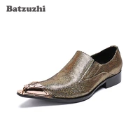 batzuzhi handmade luxury men shoes brown glitter pointed toe genine leather dress shoes men for business party and wedding