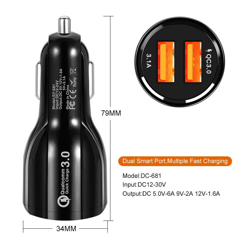 Автомобильное зарядное устройство Quick Charge 3 0 адаптер прикуривателя QC двойной USB