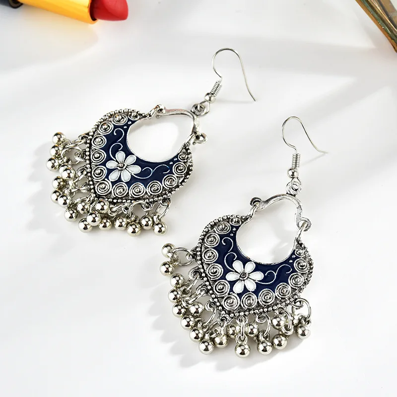 Vintage Heart Beads Tassel Drop Earrings for Women Bohemia Ethnic Antique Silver Color Flower Carved Pendant Earring Jewelry | Украшения и