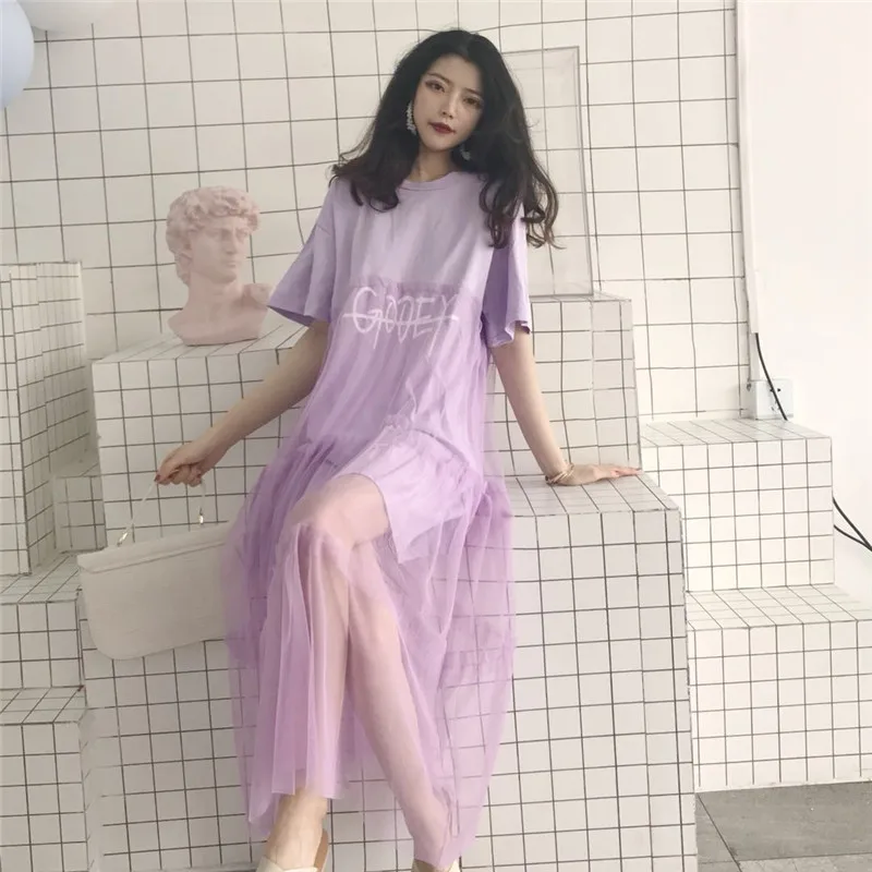 Женское милое длинное платье с буквенным принтом фиолетовое Повседневное