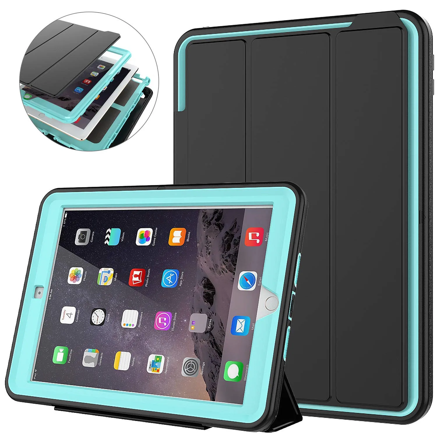 Для iPad Air 2/iPad 6() retina детская безопасная Броня противоударный сверхпрочный силиконовый Жесткий чехол с подставкой с функцией автоматического сна/пробуждения