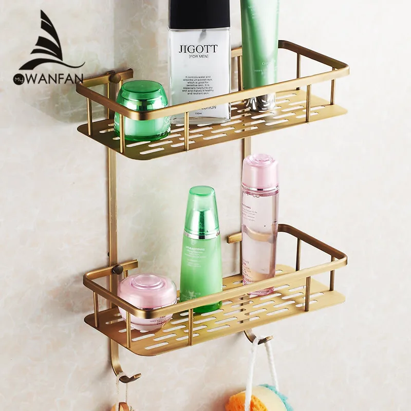 

Bathroom Shelves 2 Tier Black Brass Kitchen Bathroom Shelf Towel Hook Shower Storage Basket Home Deco Accessory Rack HJ-824