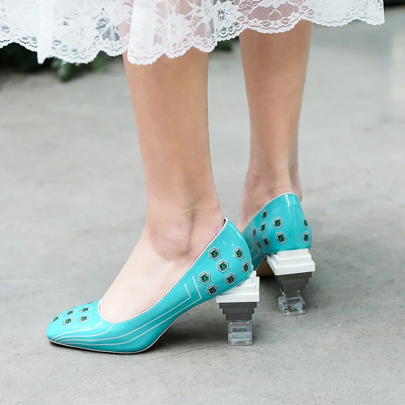 

WETKISS Crystal Unusual Heels High Women Pumps Square Toe Footwear Print Female Shallow Shoes Fashion Shoes Woman Spring 2020