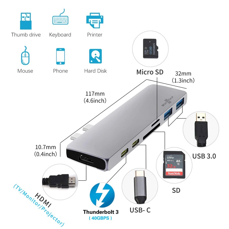 Usb type C концентратор адаптер Thunderbolt 3 док-станция type-C с 4K HDMI USB 0 микро TF SD карта для