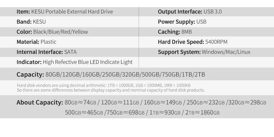 KESU 2,5 дюймов внешний жесткий диск USB 3,0 HDD портативный внешний HD Жесткий диск для ПК Mac Настольный Ноутбук сервер(черный/синий/красный