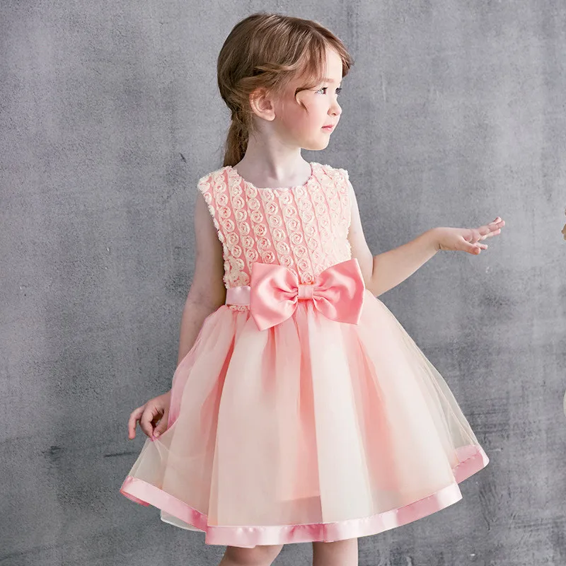Pink Yellow Lace Mesh Flower Girl Dress KneeLength Round Collar with Rcued Bow Summer Clothes for 2 to 6 Years Children | Детская одежда