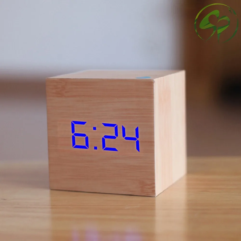 Square Wooden Digital LED Alarm Clock USB/Battery Powered Thermometer with Sound Control Home Decor | Дом и сад