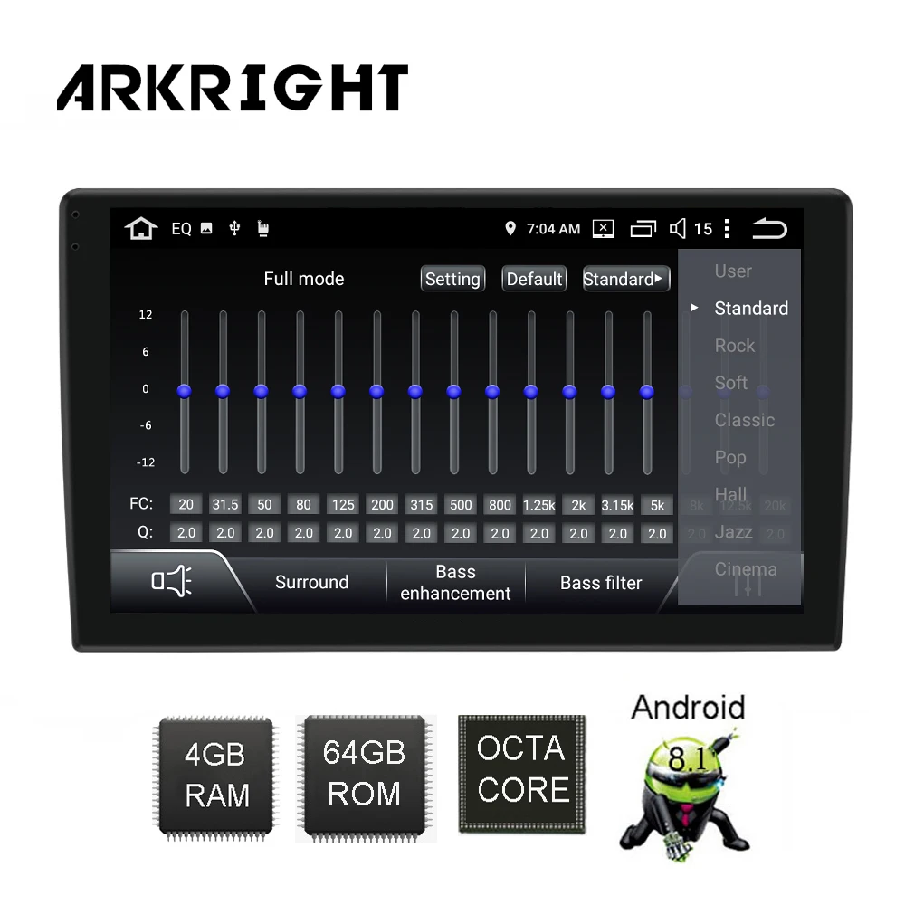 ARKRIGHT 9 ''1Din dvd-плеер автомобиля/Android 8,1 аудио Радио стерео/4+ 64 гб поддержка 4G sim-карты DSP/2.5D изогнутый экран SC9853i