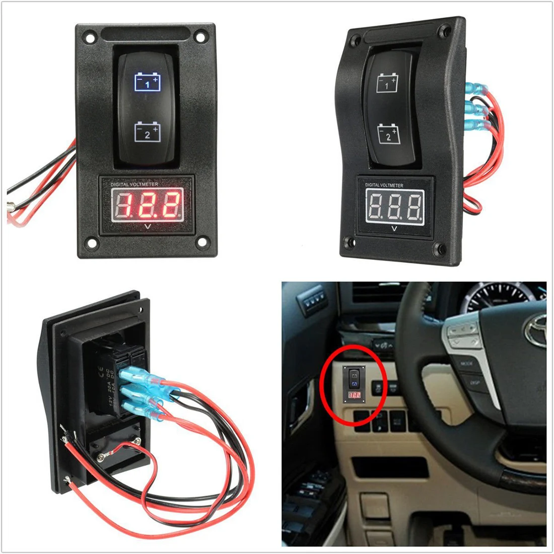 

New 12-24V LED Dual Battery Test Panel Rocker Switch Car Truck Marine Boat Voltmeter 4P ON-OFF-ON