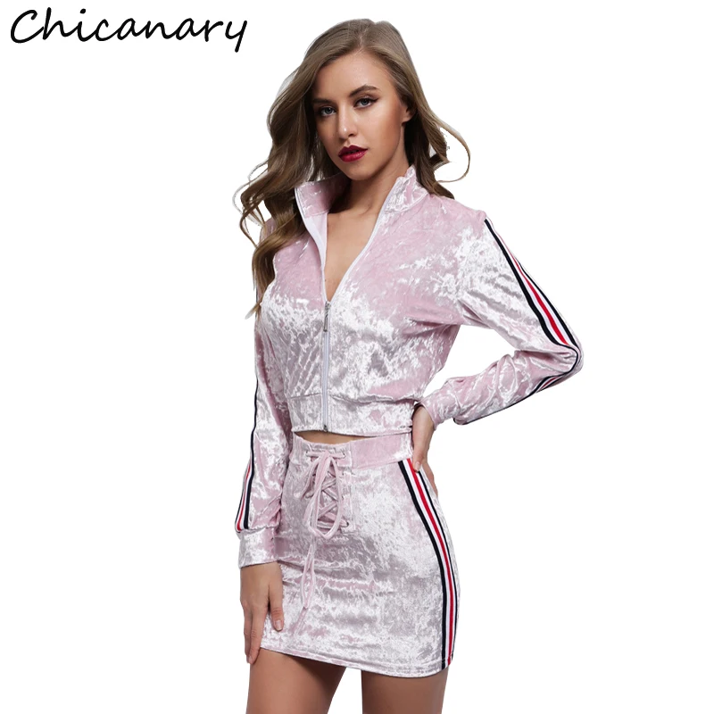 Chicanary Side Stripe Velvet Women Sets Crop Top Coats + Lace Up Skirts Casual Two Pieces | Женская одежда