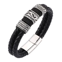 punk jewelry men double black braided leather bracelet trendy stainless steel magnetic clasp fashion bangle birthday gift sp0067