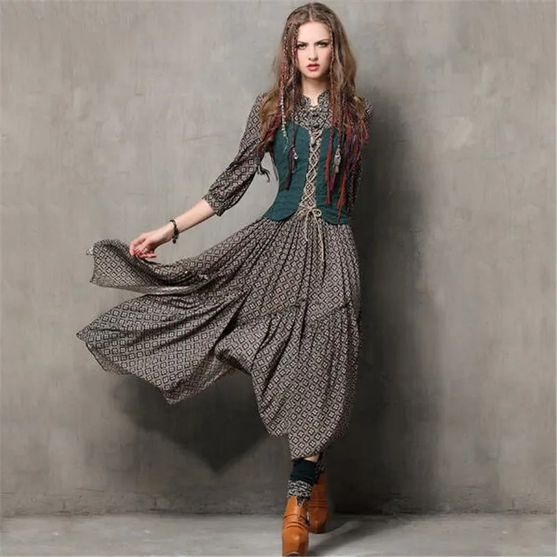 Винтажное осеннее платье для женщин туника с вышивкой длинные платья рукавом три