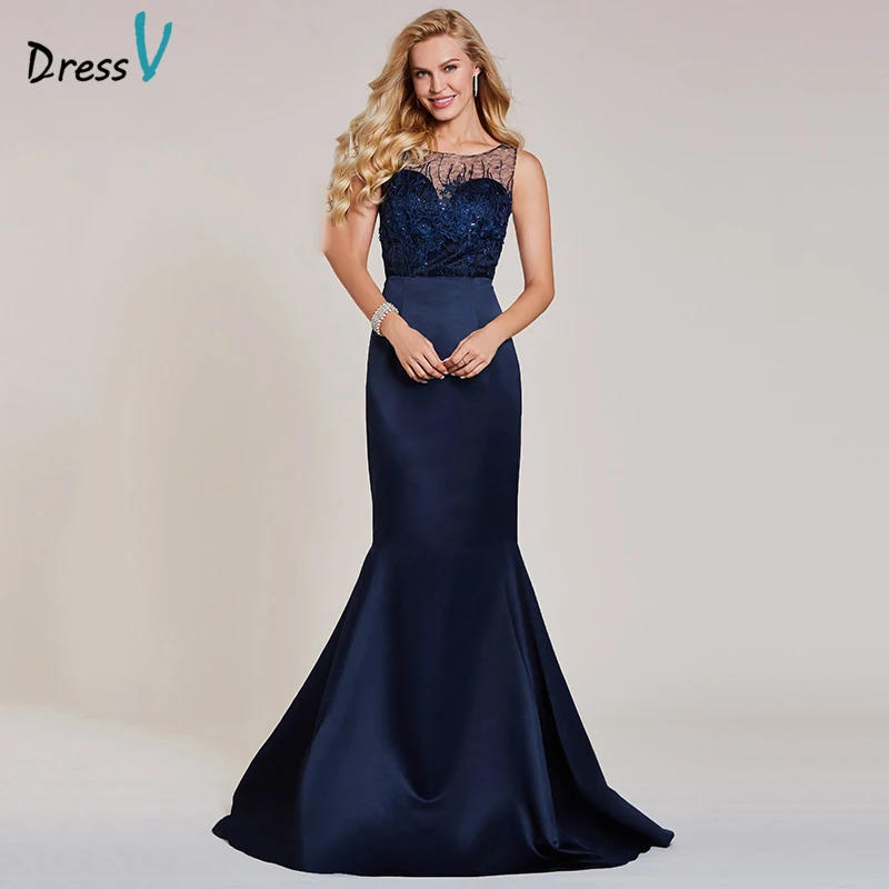 

Dressv dark navy long evening dress cheap scoop neck sleeveless appliques beading wedding party formal dress evening dresses