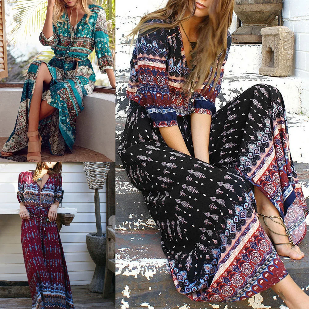 Женское богемное длинное платье с V образным вырезом и рукавом три