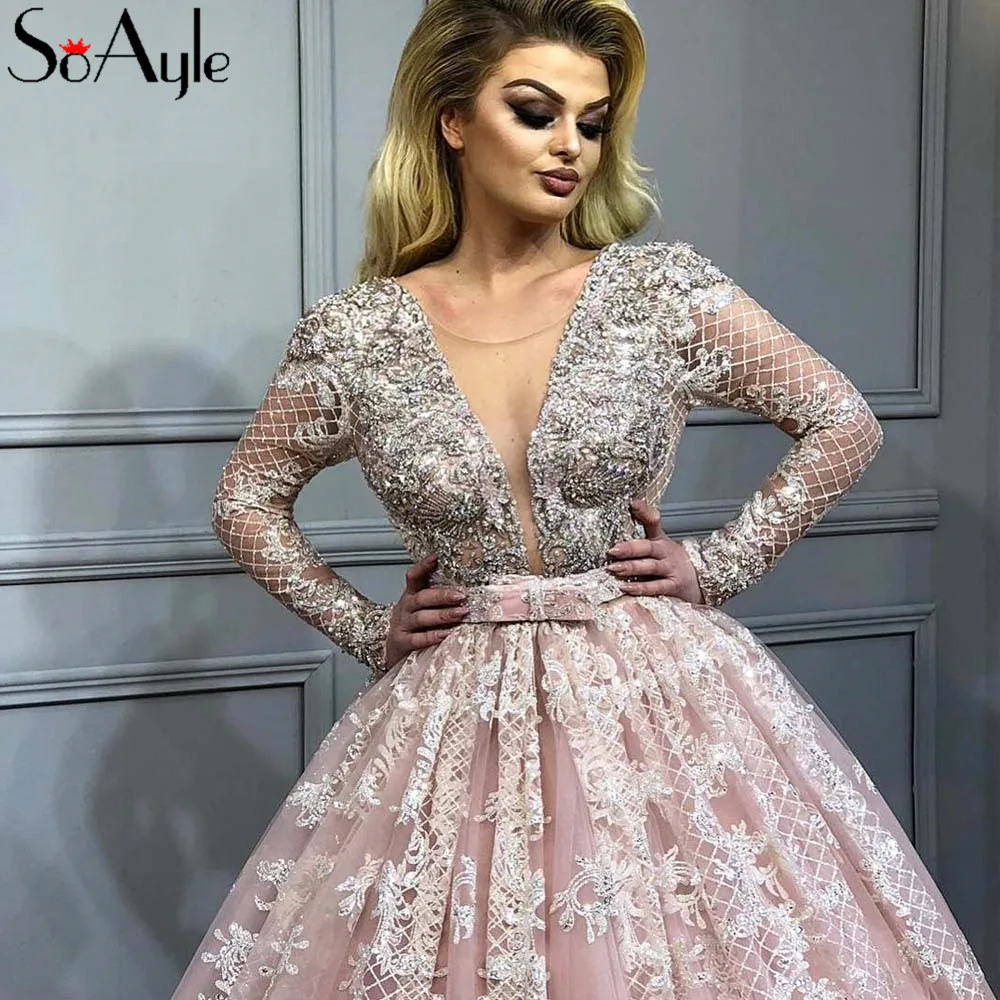 SoAyle Sparkle Ball Gown Prom Dresses Deep V-neck Robe De Soiree Pregnant Ladies Bling Bling Lace Formal Gowns Prom Dress Longo