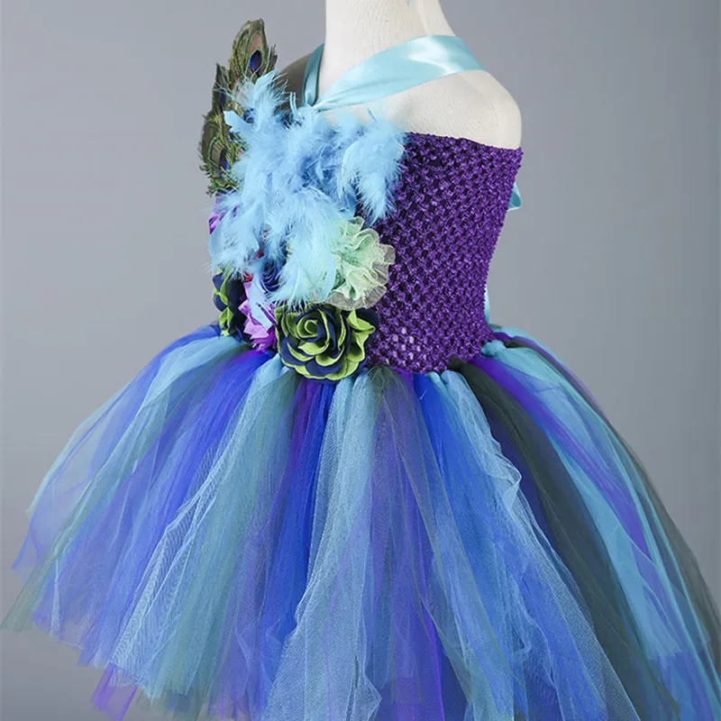 

New Baby Girls Trailing Peacock Tutu Dress Tulle Feathers Flowers Girl Dresses Kids Girls Party Wedding Birthday Pageant Dresses