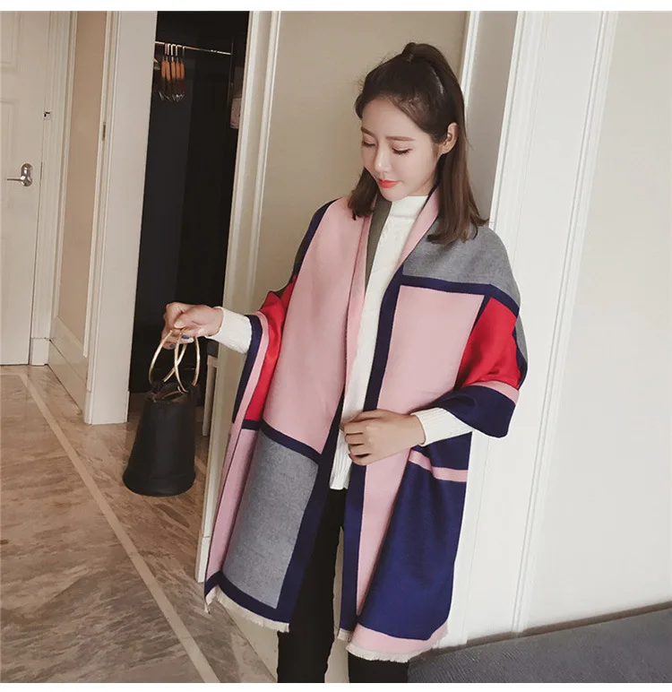 Chanycore Colorblock bow Fashion Winter scarf cashmere pashmina women scarfs Colorblock double-sided warm thick shawl for ladies