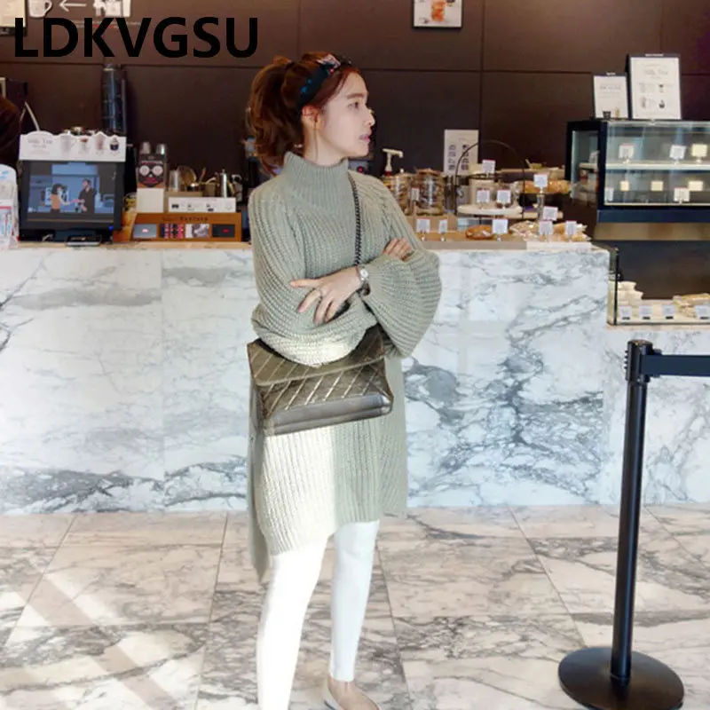 2018 Autumn Winter Turtleneck Batwing Sleeve Pullover Sweater Irregular Women Side Slit Leisure Loose Knit Dress Is969 | Женская одежда