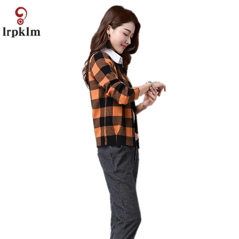 Женский свитер YY871 красный серый с узором в клетку круглым воротником |