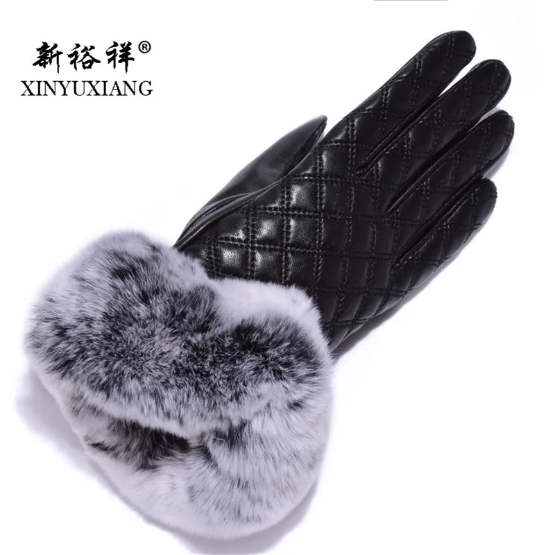 Genuine Leather Real Rex Rabbit Fur Gloves Women Touch Screen Fashion Bowknot Black Winter Female Sheepskin elegant gloves 2017 |