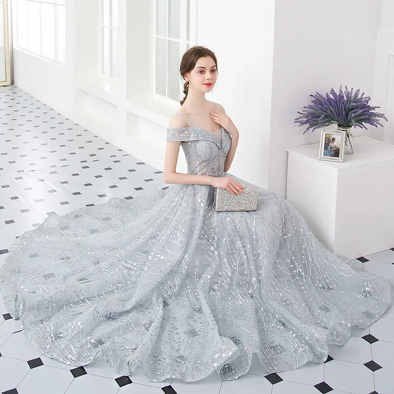 Женское вечернее платье до пола He's Bride элегантное серое с вырезом лодочкой и