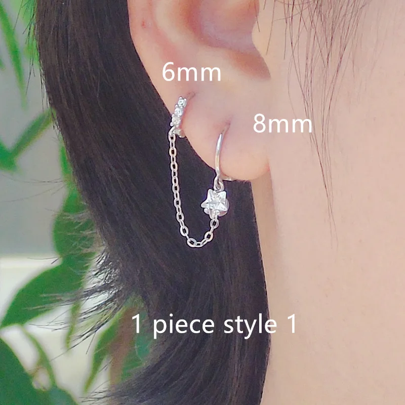 1 piece style 1 Новинка, серьги из стерлингового серебра 925 пробы, модный дизайн, циркониевый бант, круг, звезда, 2 уха, отверстие, ухо, кольцо, длинное ухо, цепь, тренд, дикие девушки, ювелирные изделия - Окраска металла: 1 piece style 1
