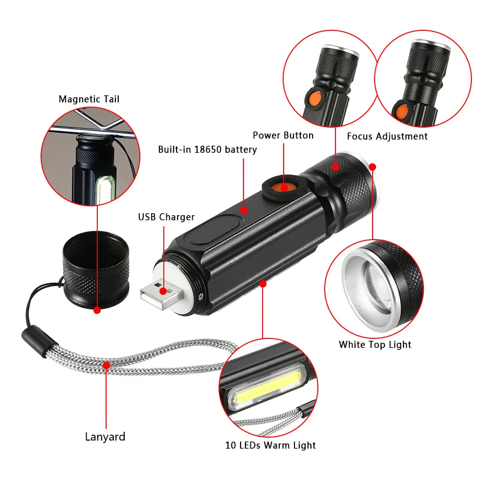 USB 180LM фонарик с магнитом удобный светодиодный Перезаряжаемые факел вспышки