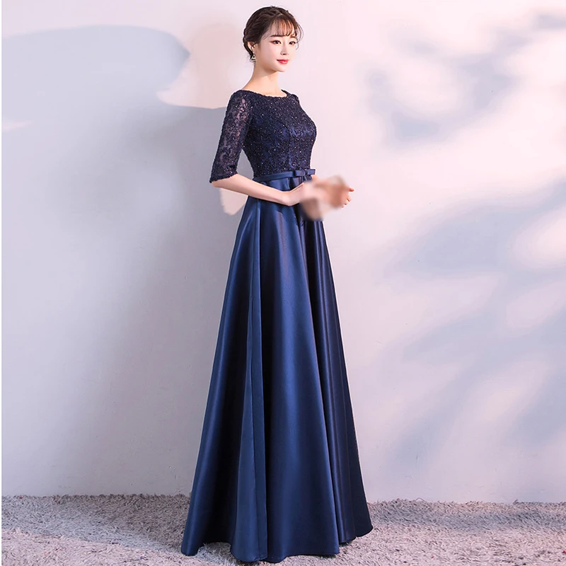 New Arrival Evening Gown Round neck Satin Half Sleeves Navy Blue Long Evening Dress Party Elegant Vestido De Fest Prom Gowns
